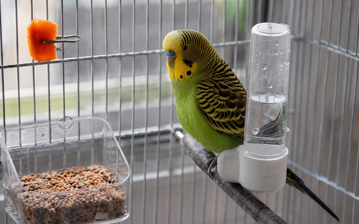 Close-up photorealistic image of a budgerigar in a cage near a clean water dispenser, seed mix in a 