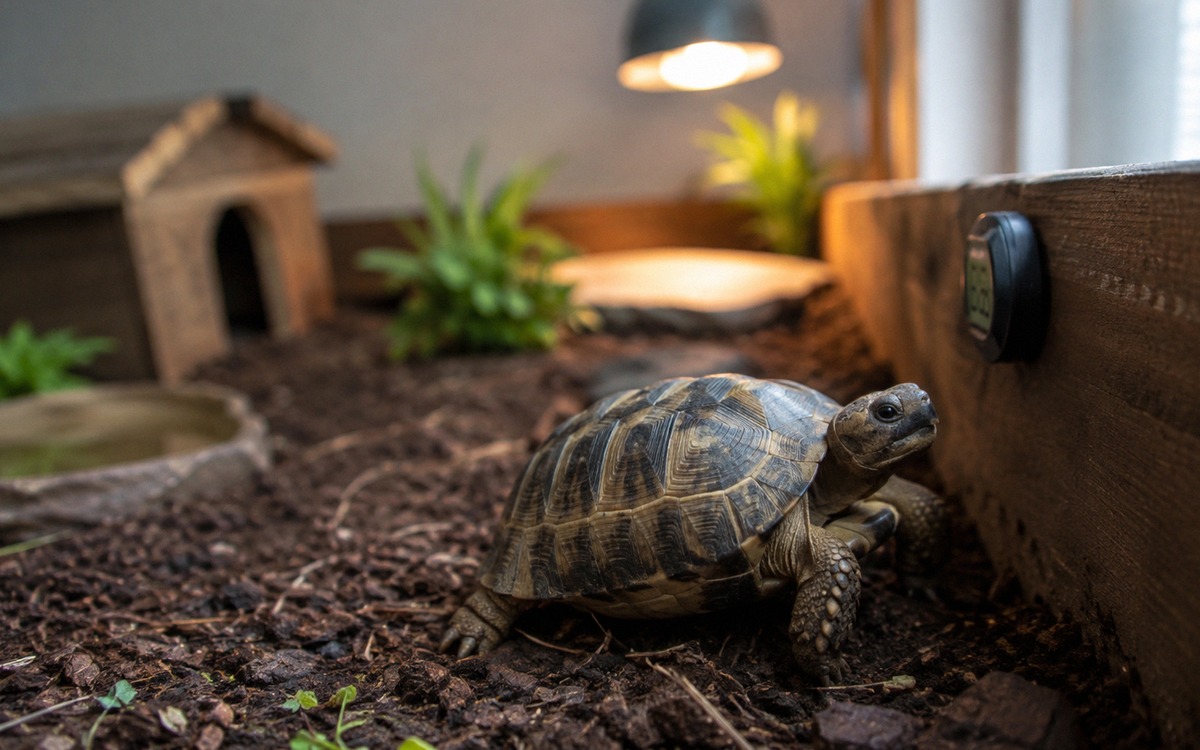 Photorealistic image of a land tortoise exploring the edge of a spacious indoor enclosure with soil 