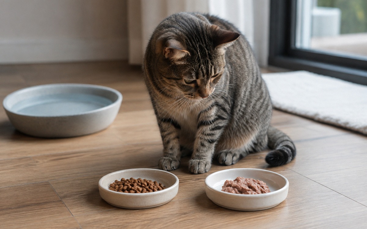 A domestic shorthair cat choosing between a measured portion of dry kibble and a ceramic dish of wet