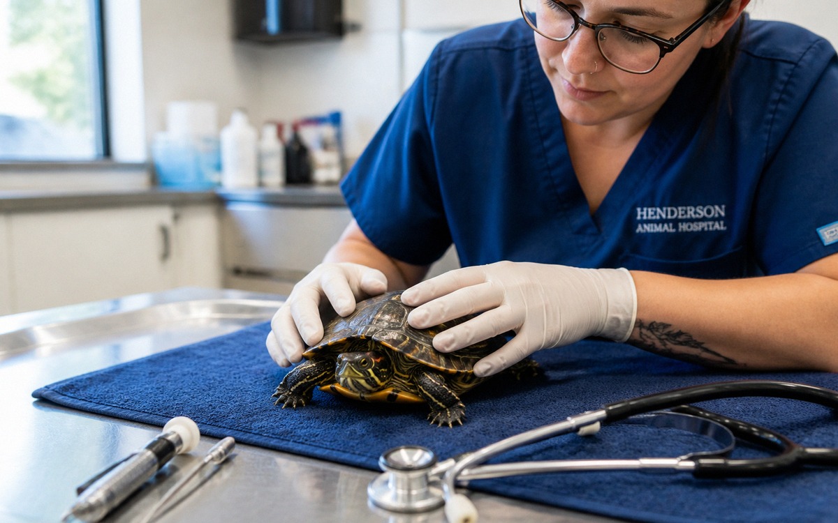 Photorealistic scene of a veterinarian gently examining a small pet turtle on a clinic table, gloved