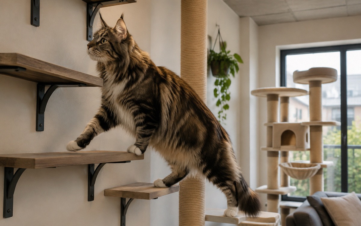Large Maine Coon cat climbing a sturdy wall-mounted cat shelf system in a bright modern apartment, w