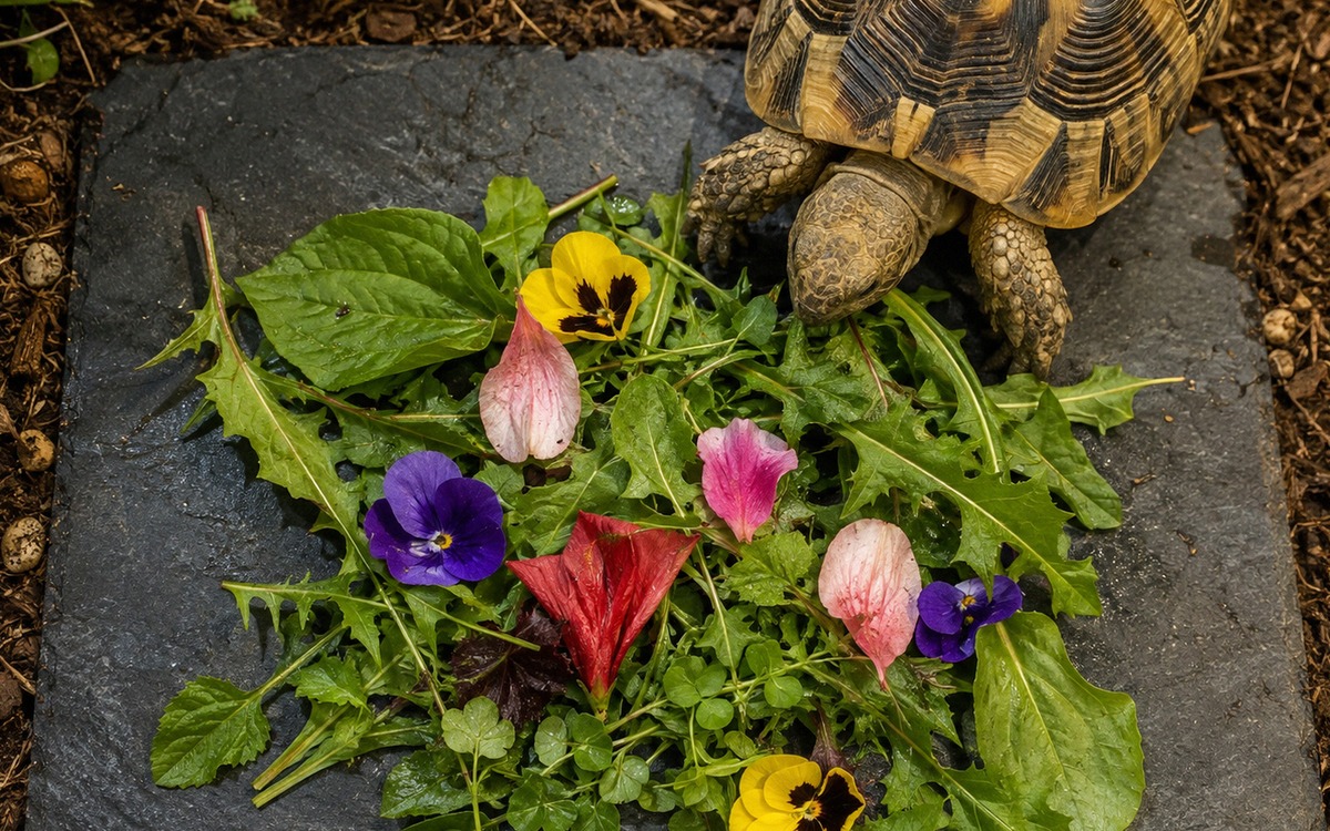 Top-down natural photograph of a varied safe diet for a Central Asian tortoise: fresh dandelion leav