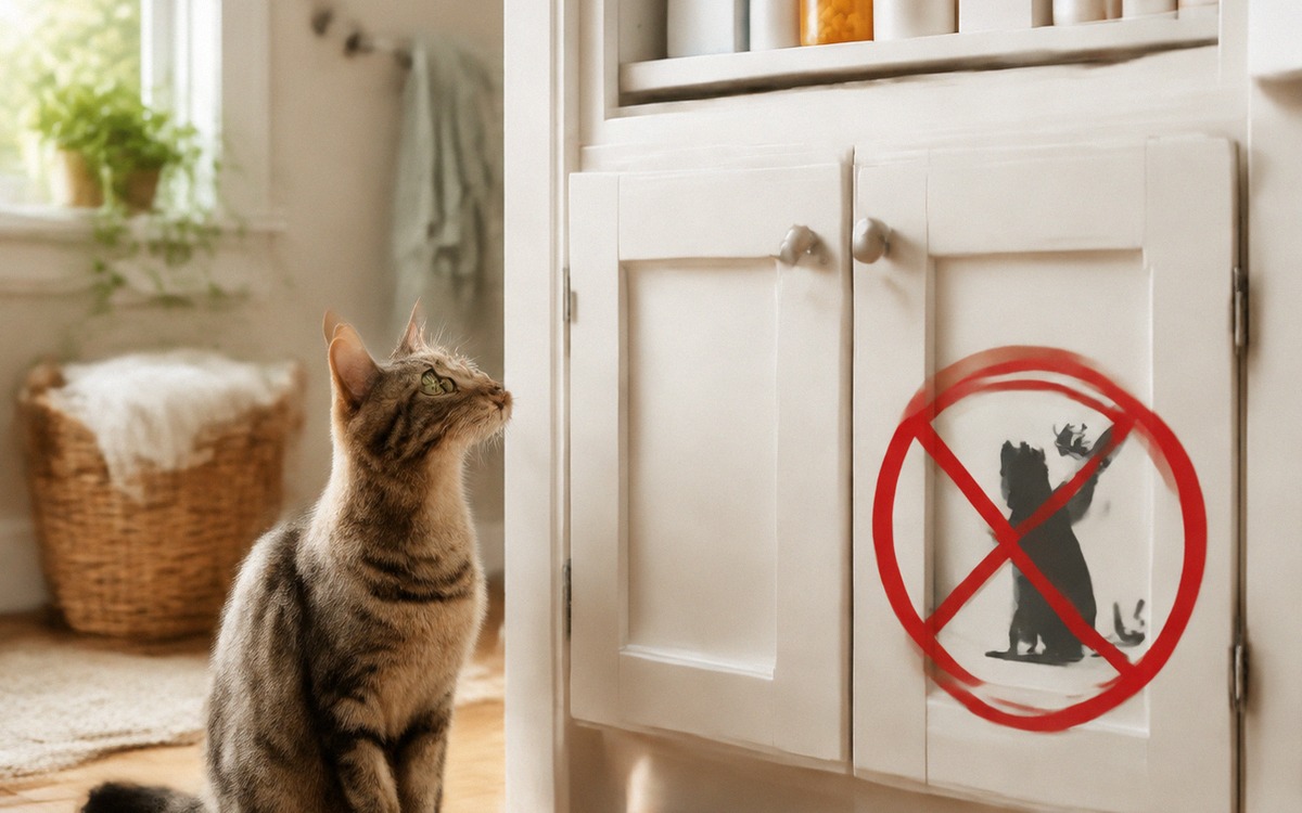 Responsible pet safety concept: a curious tabby cat sitting safely beside a closed white medicine ca