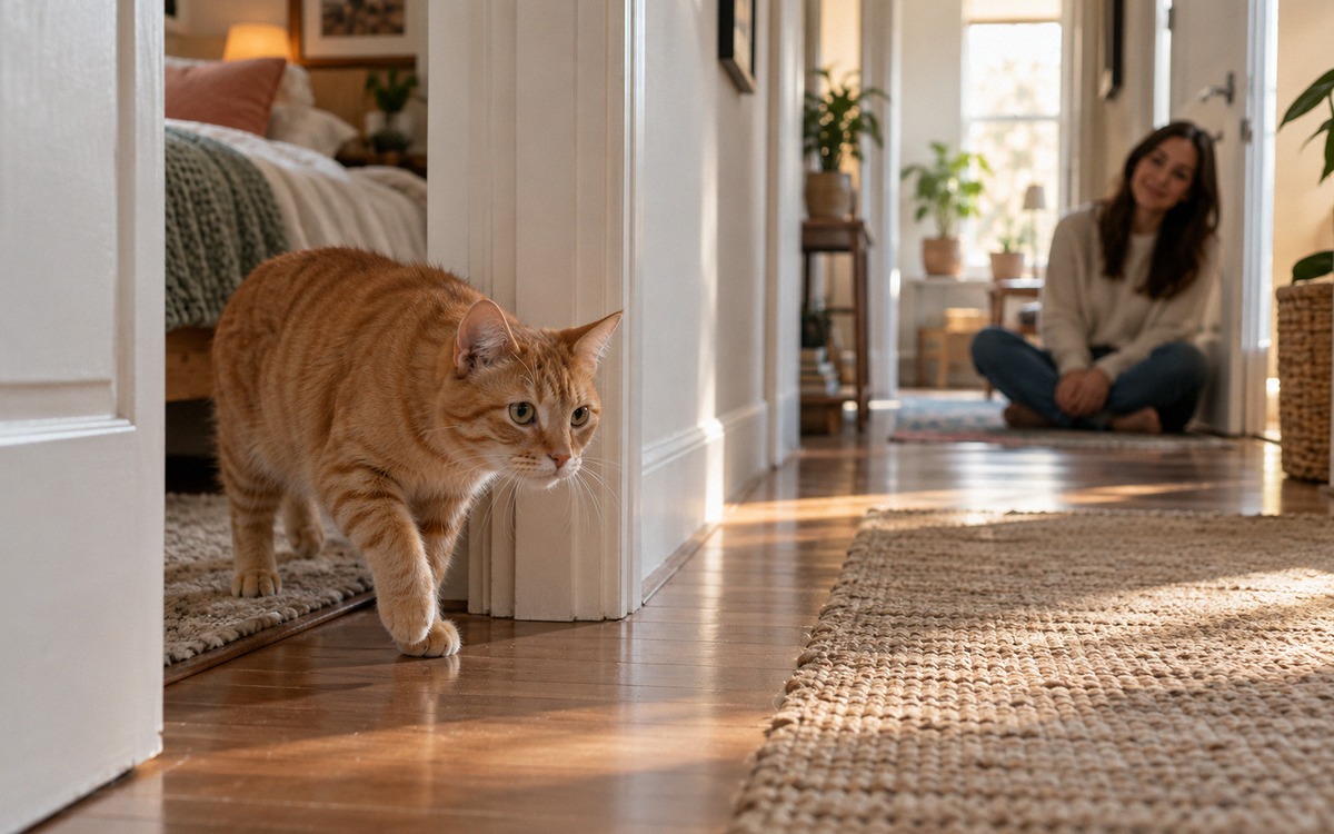 A cautious ginger domestic cat taking its first steps out of a quiet bedroom into a sunlit apartment