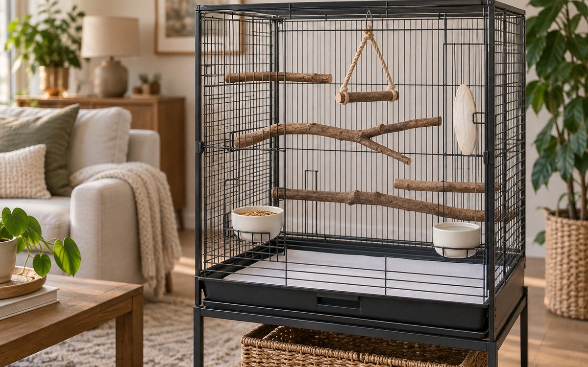Detailed realistic photograph of a properly prepared rectangular bird cage in a bright living room b