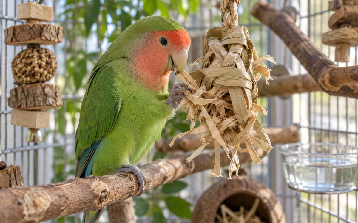 A peach-faced lovebird actively shredding a safe natural palm leaf toy inside a spacious well-design