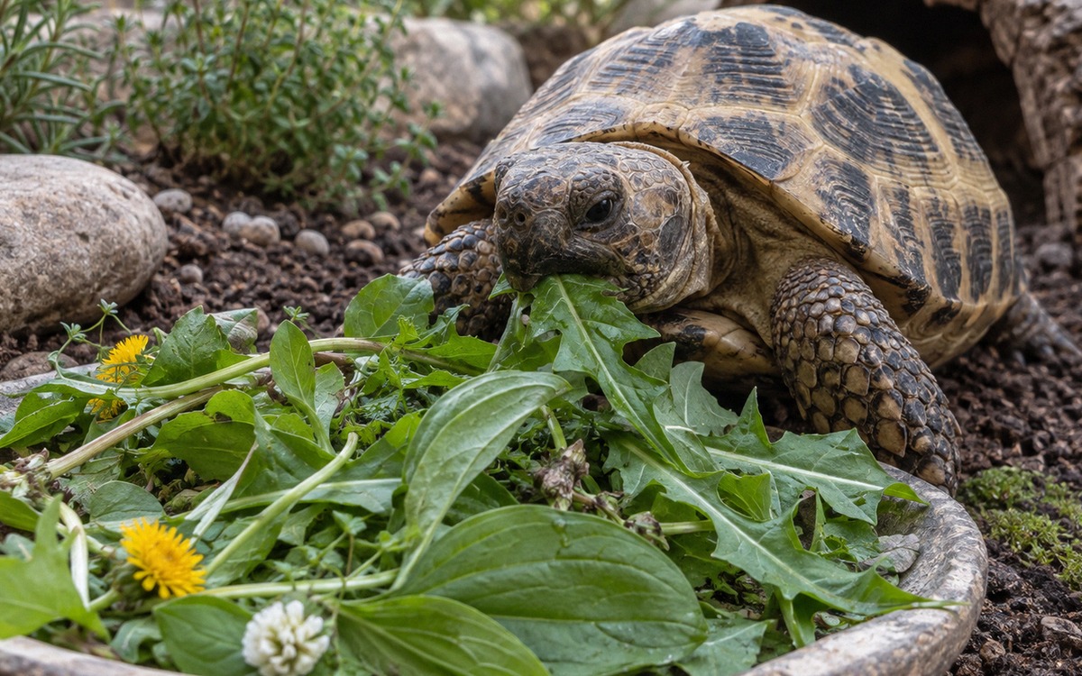 A Russian tortoise eating a varied plate of fresh safe leafy greens, dandelion leaves and plantain l