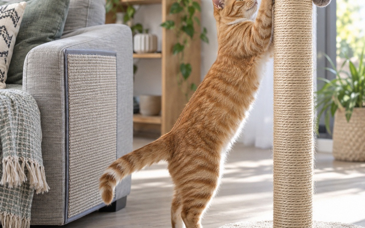 Natural realistic photograph of a young ginger cat actively scratching a tall sisal scratching post 