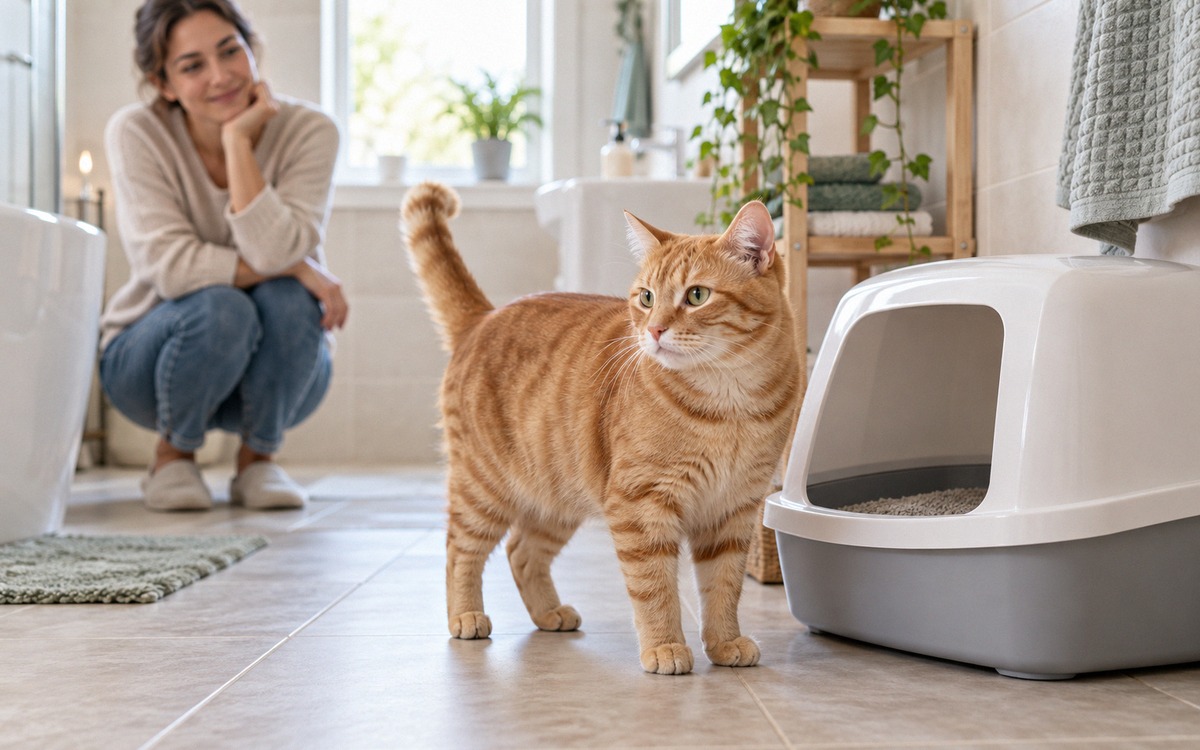 A domestic ginger cat standing near a clean litter box in a bright home bathroom, owner carefully ob