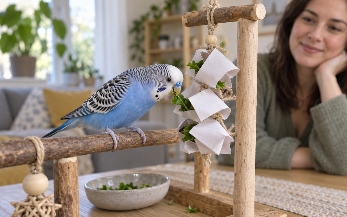 Photorealistic scene of a curious blue budgerigar using a simple paper foraging toy on a tabletop bi