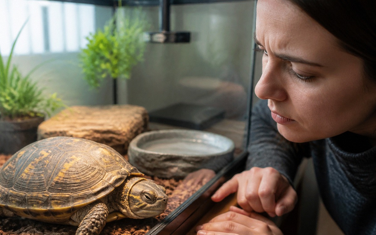 A concerned owner gently observing a sleepy pet turtle in a clean terrarium, focus on closed eyes an