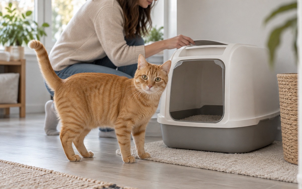 A healthy-looking orange domestic cat standing beside a clean modern litter box while a pet owner ch