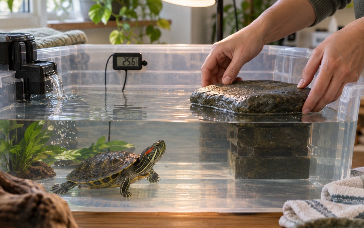 Responsible turtle owner preparing a clean temporary habitat for a red-eared slider turtle, clear co