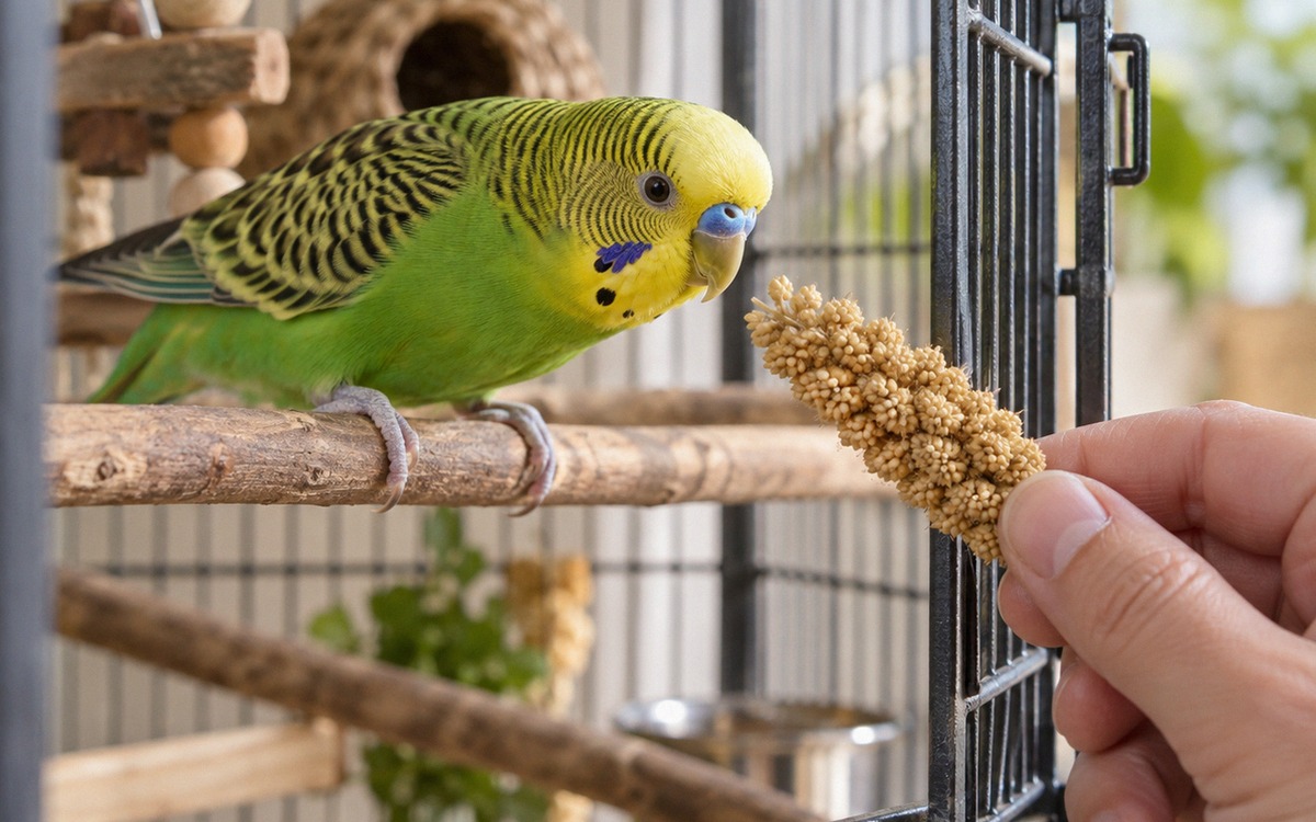 A realistic close up photograph of a cautious green budgerigar inside its cage reaching toward a spr