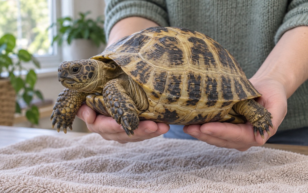 Educational photorealistic close-up showing correct safe handling of an adult Russian tortoise: two 