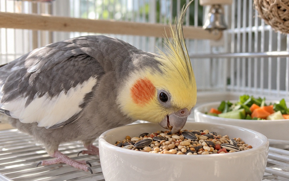 A healthy cockatiel eating measured quality seed mix from a clean ceramic bowl in a bright home cage