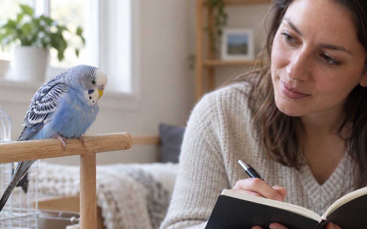 Concerned pet owner carefully observing a small budgerigar on a perch, bird shown with slightly puff