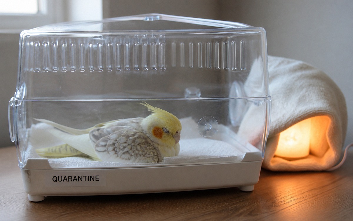 Photorealistic scene of a sick cockatiel in a small quarantine carrier with paper towels on the bott