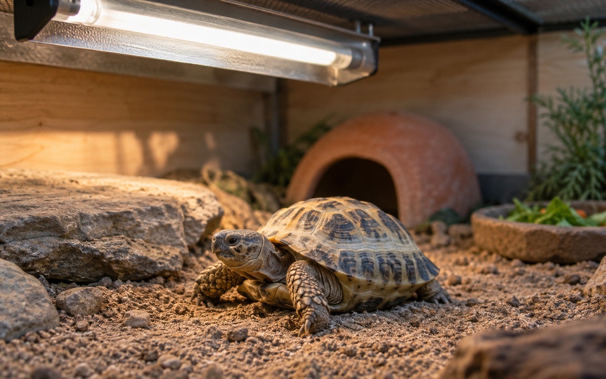 Photorealistic detailed scene inside a clean tortoise terrarium showing a linear UVB reptile lamp wi