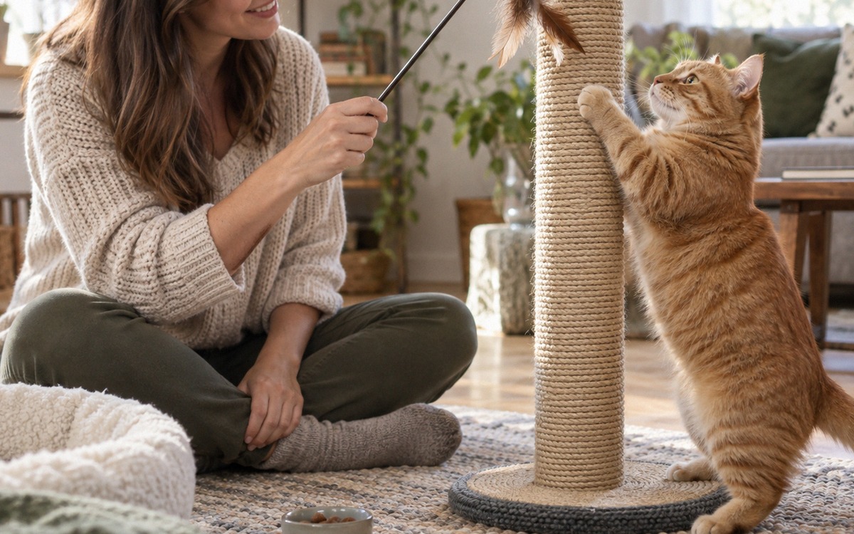 A realistic cat owner gently playing with a feather wand near a scratching post while an adult ginge