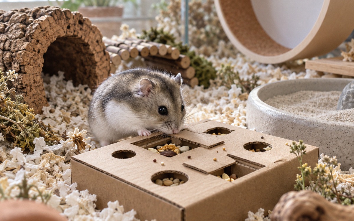 Photorealistic pet care scene: a dwarf hamster exploring a safe cardboard foraging puzzle filled wit