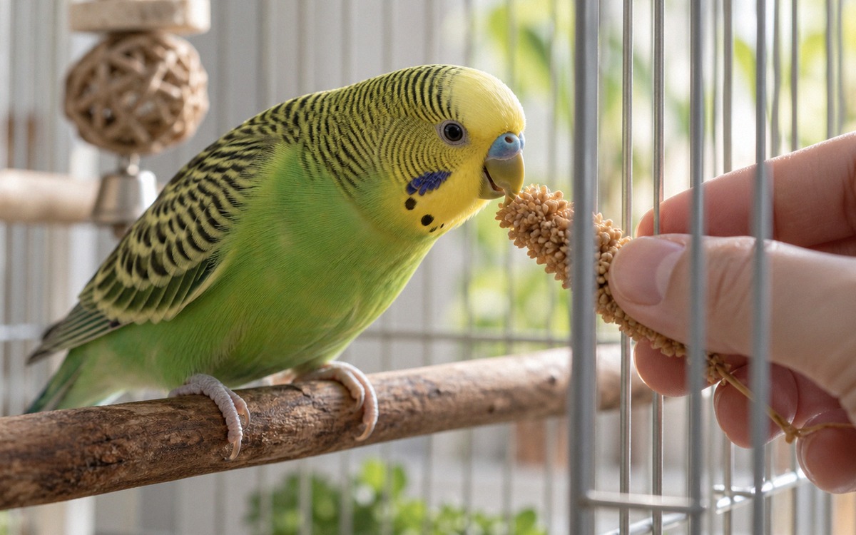 Photorealistic close-up of a hand offering a small spray of millet through cage bars to a relaxed gr