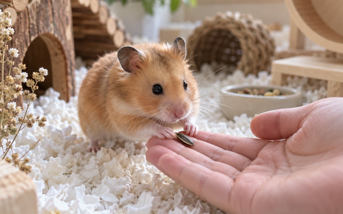 A curious Syrian hamster stepping onto an open relaxed human palm to take a tiny seed, hand resting 