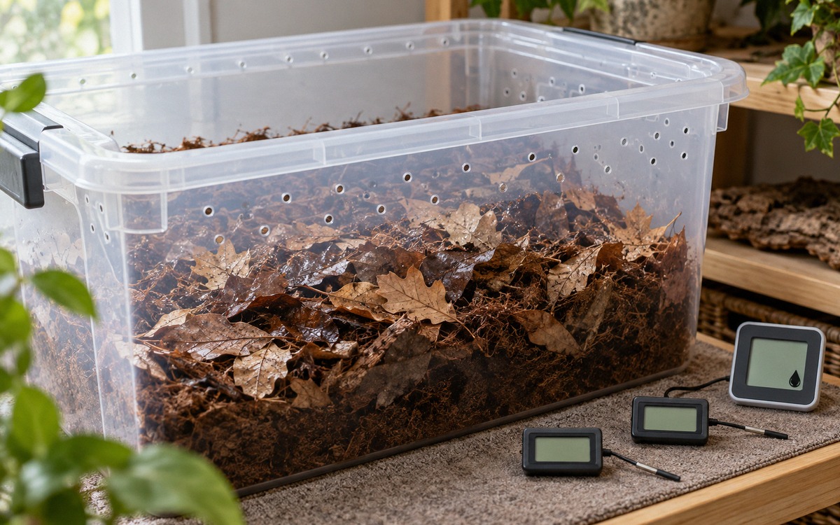 A safe hibernation setup for a terrestrial tortoise: ventilated plastic container with lightly damp