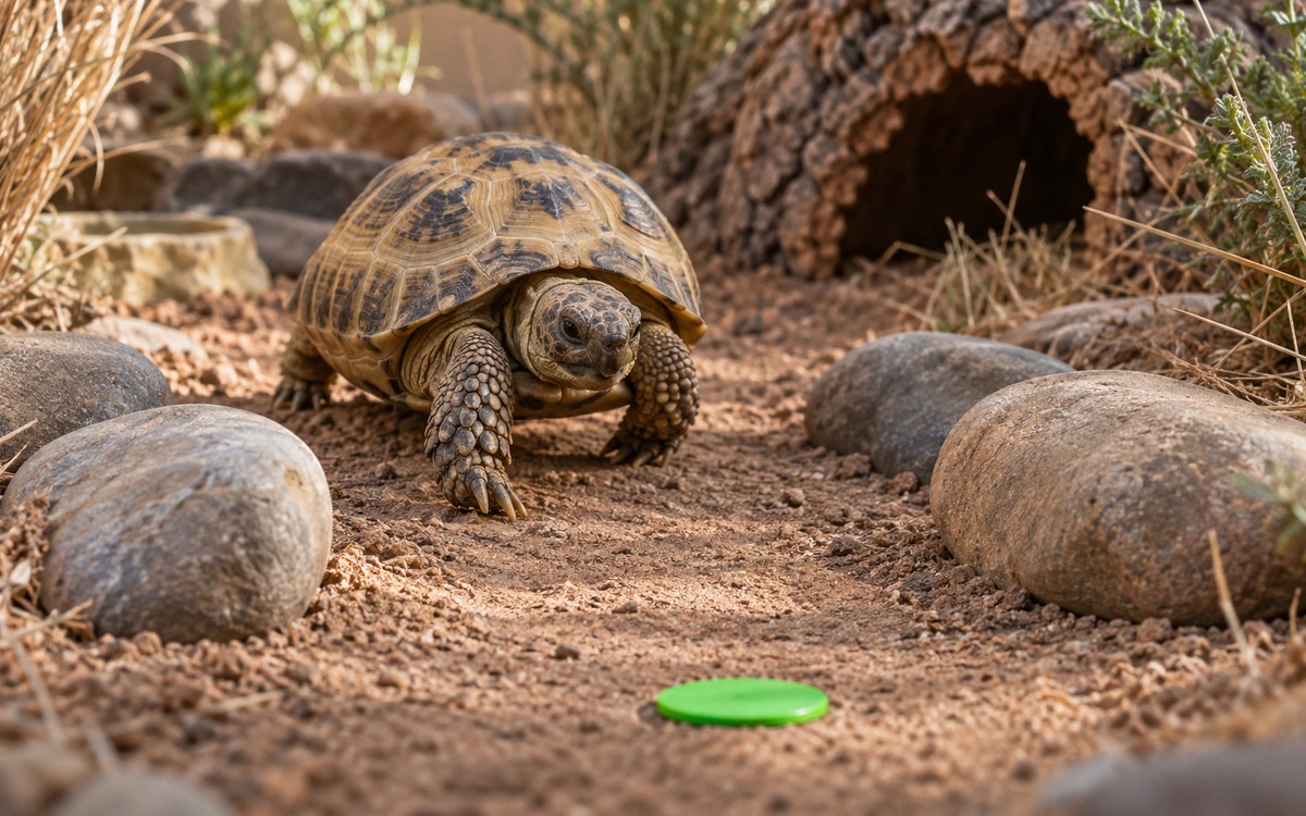 A Russian tortoise following a simple bright green target marker along a short straight path inside