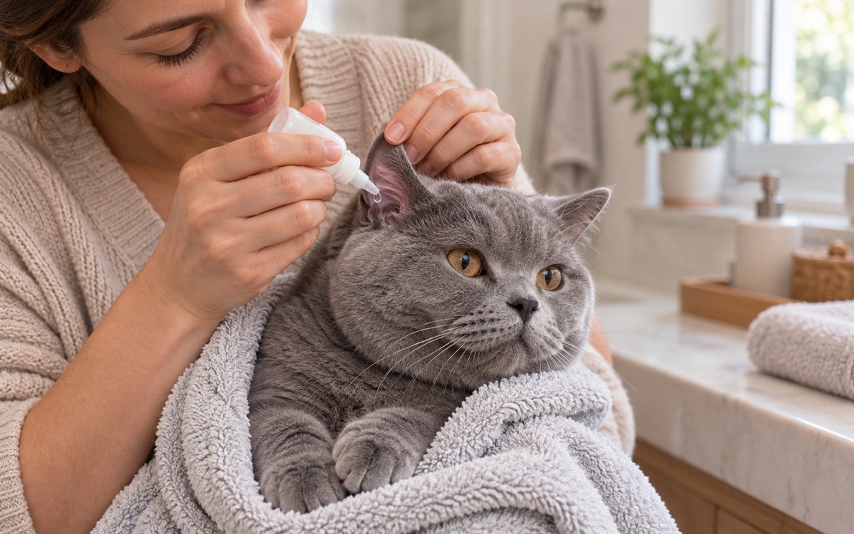 A gentle owner carefully holding a relaxed gray British Shorthair cat wrapped loosely in a soft towe