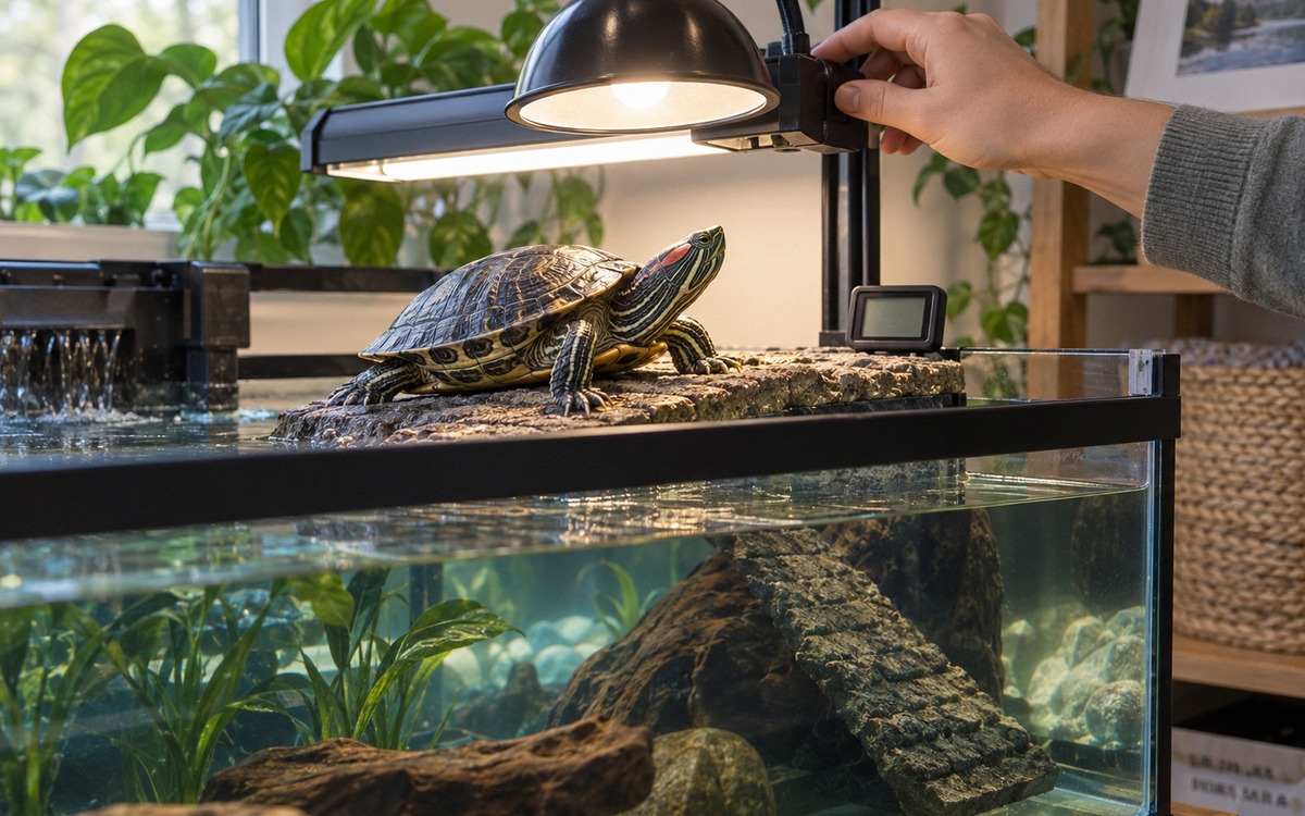 Photorealistic home turtle habitat inspection scene, red-eared slider resting on a dry basking dock,