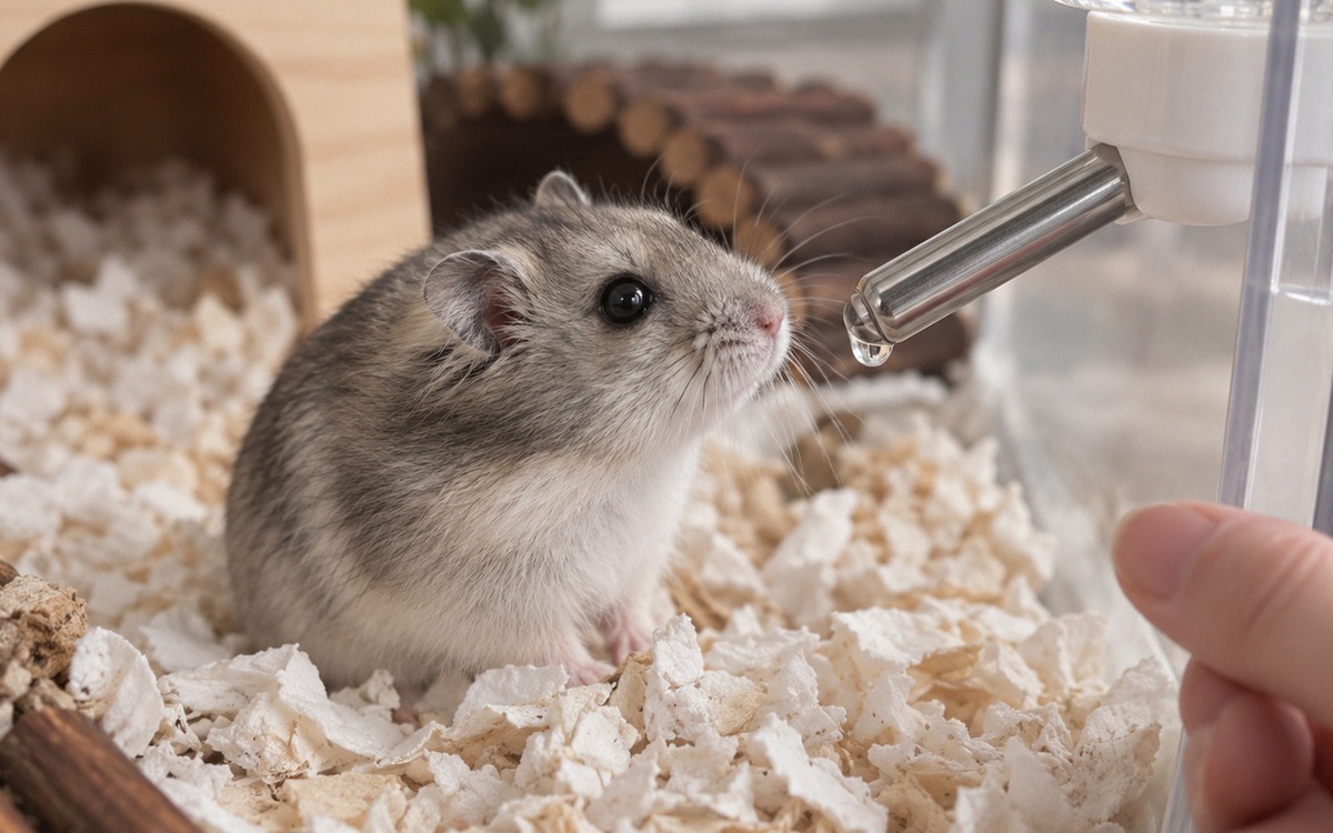 A timid dwarf hamster inside a clean cage exploring a metal water bottle nozzle, a tiny water drople