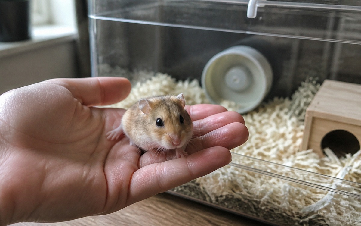 Responsible hamster breeder gently showing a healthy young hamster in an open hand above a clean enc