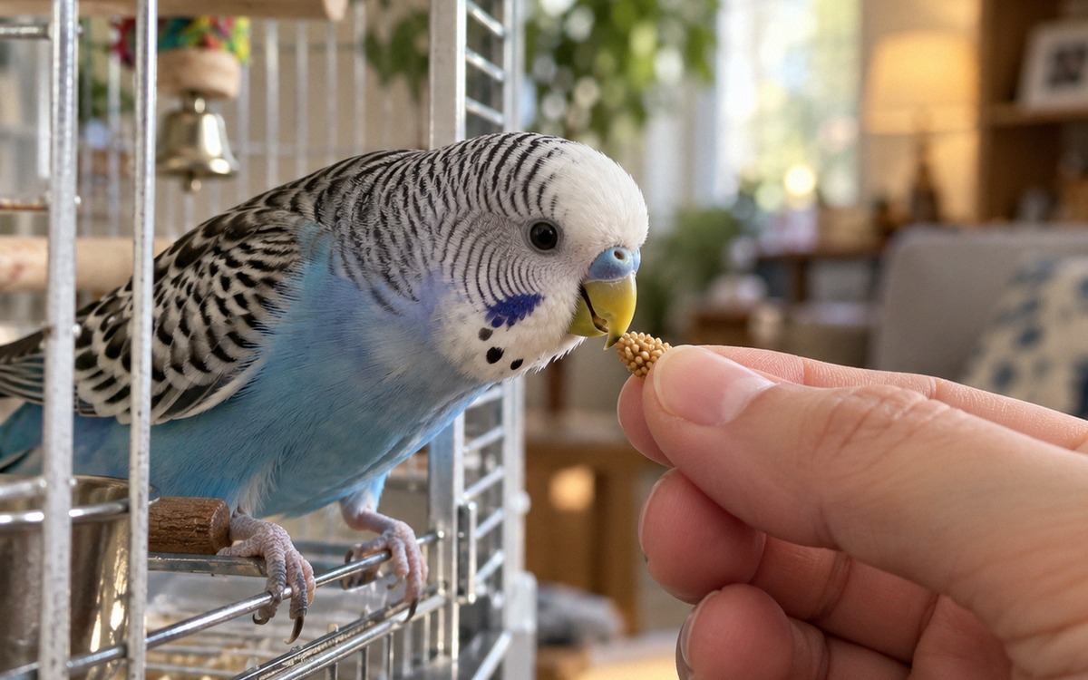 A realistic close-up photo of a cautious rescued budgerigar perched inside an open cage doorway, cal