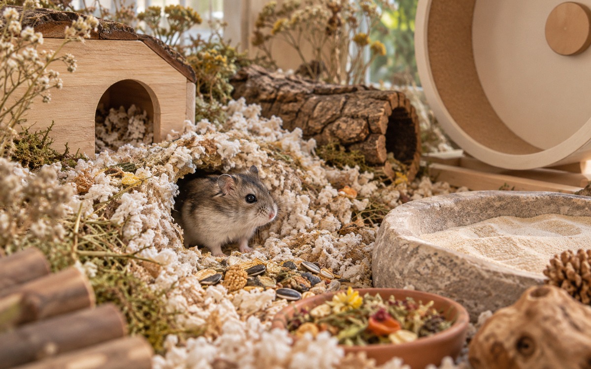 A realistic enriched hamster habitat seen from the side: a dwarf hamster exploring deep paper beddin
