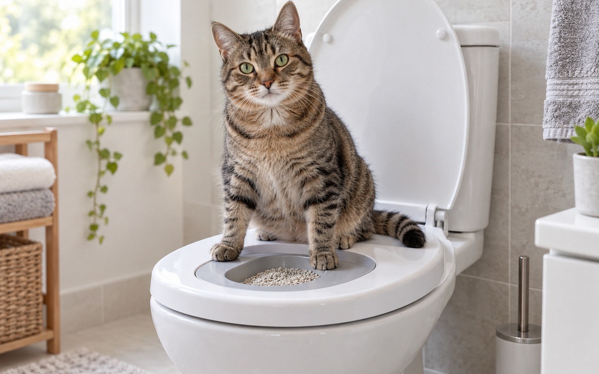 A relaxed tabby cat using a secure cat toilet training seat insert on a toilet, paws safely supporte