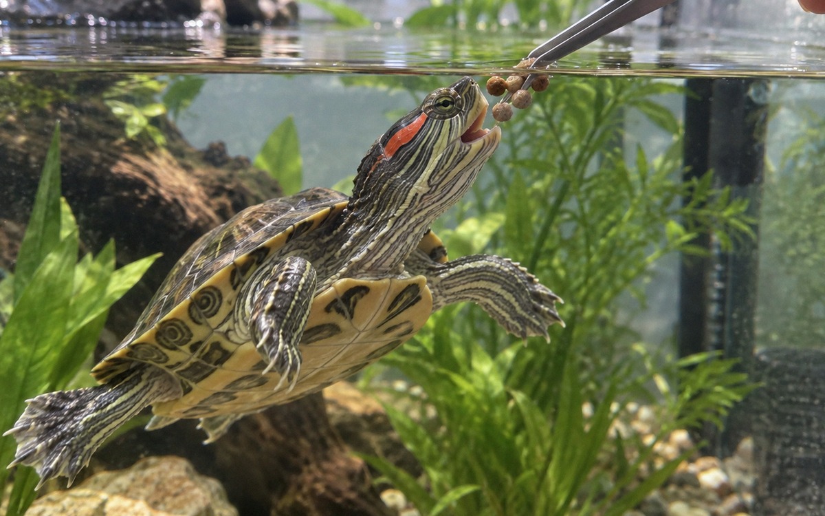 A juvenile red-eared slider turtle eating proper small turtle pellets from feeding tongs in a clean 