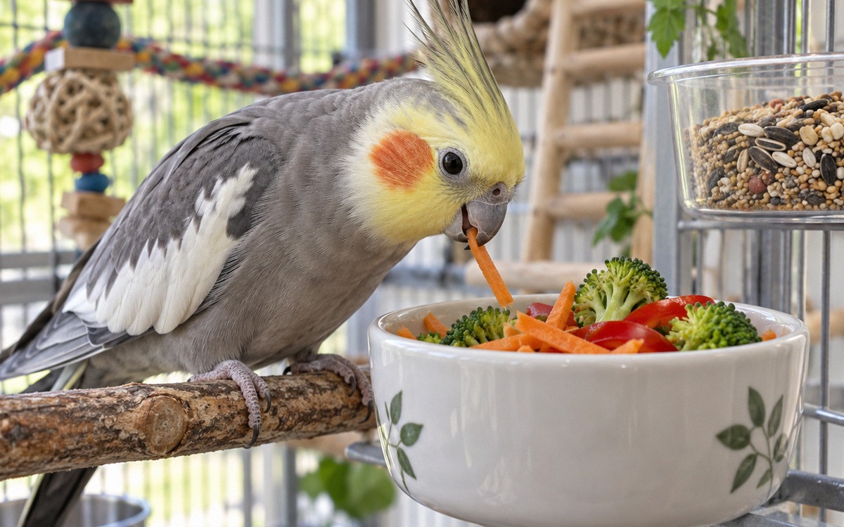 A cockatiel eating fresh thin strips of carrot, red bell pepper and broccoli from a clean ceramic bi