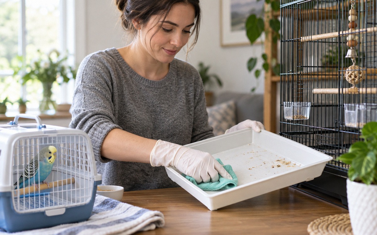 Responsible pet owner cleaning a bird cage with disposable gloves, gently wiping the cage tray with 