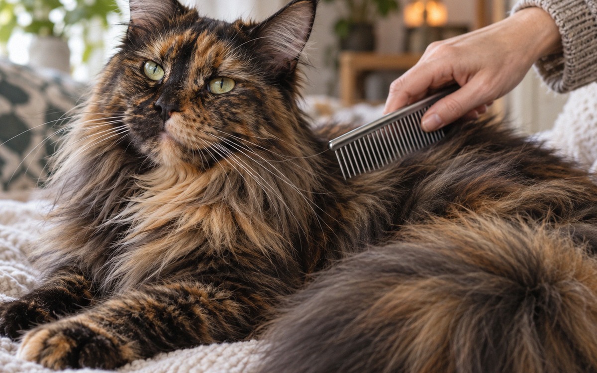 Close natural portrait of a tortoiseshell Maine Coon female being gently combed by a human hand with