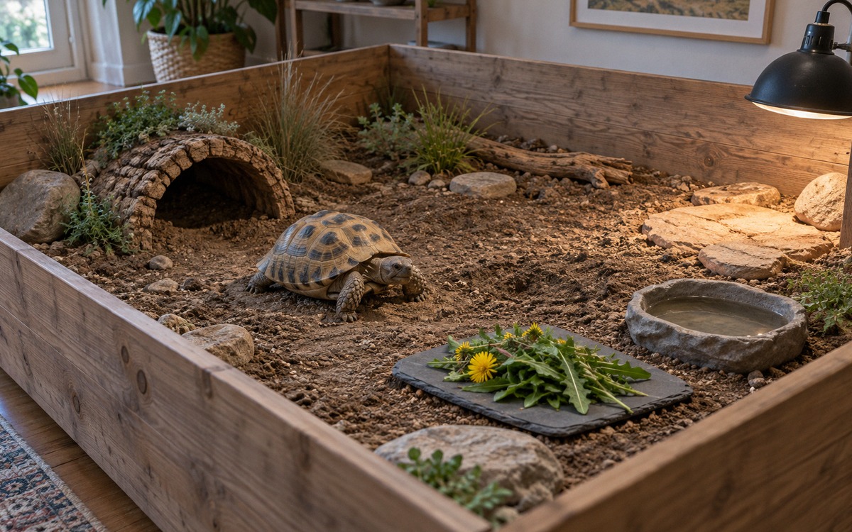 Wide view of a correctly designed indoor tortoise enclosure for one Central Asian tortoise, large re