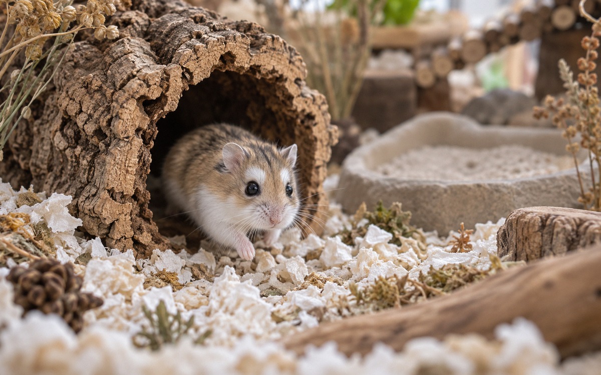 Photorealistic close-up of a tiny Roborovski hamster with sandy brown fur and distinctive white eyeb