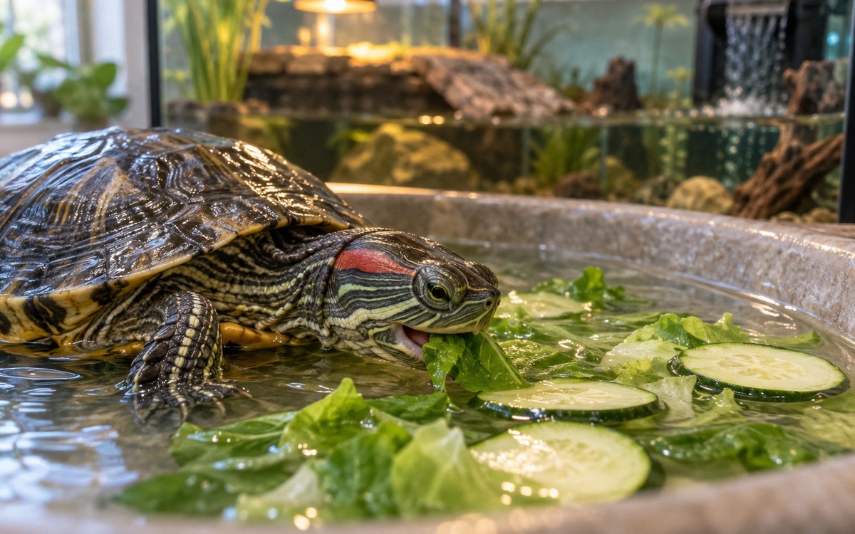 Adult red-eared slider turtle eating fresh leafy greens and thin zucchini slices in a shallow clean 
