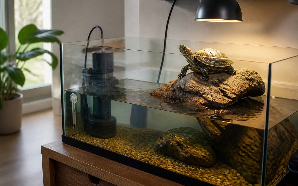 Natural photorealistic image of a well arranged aquatic turtle tank with a basking platform, UVB lam