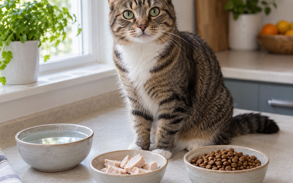 Realistic veterinary nutrition scene: a calm adult cat beside a small bowl with plain cooked turkey
