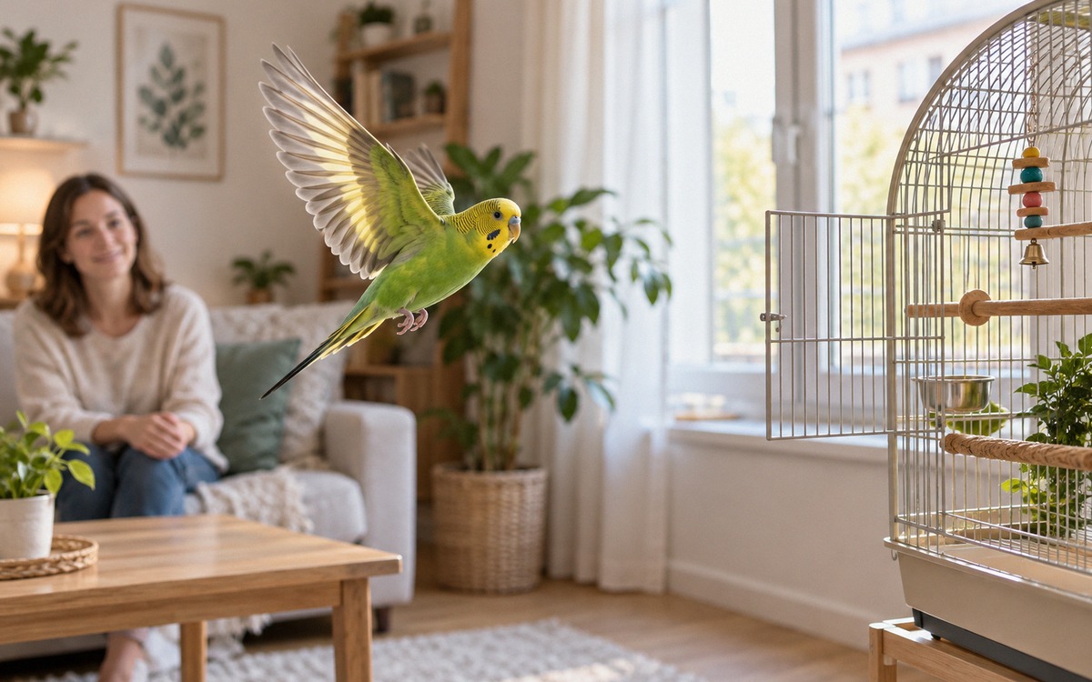 A green and yellow budgerigar safely flying in a bright apartment living room toward its open cage, 