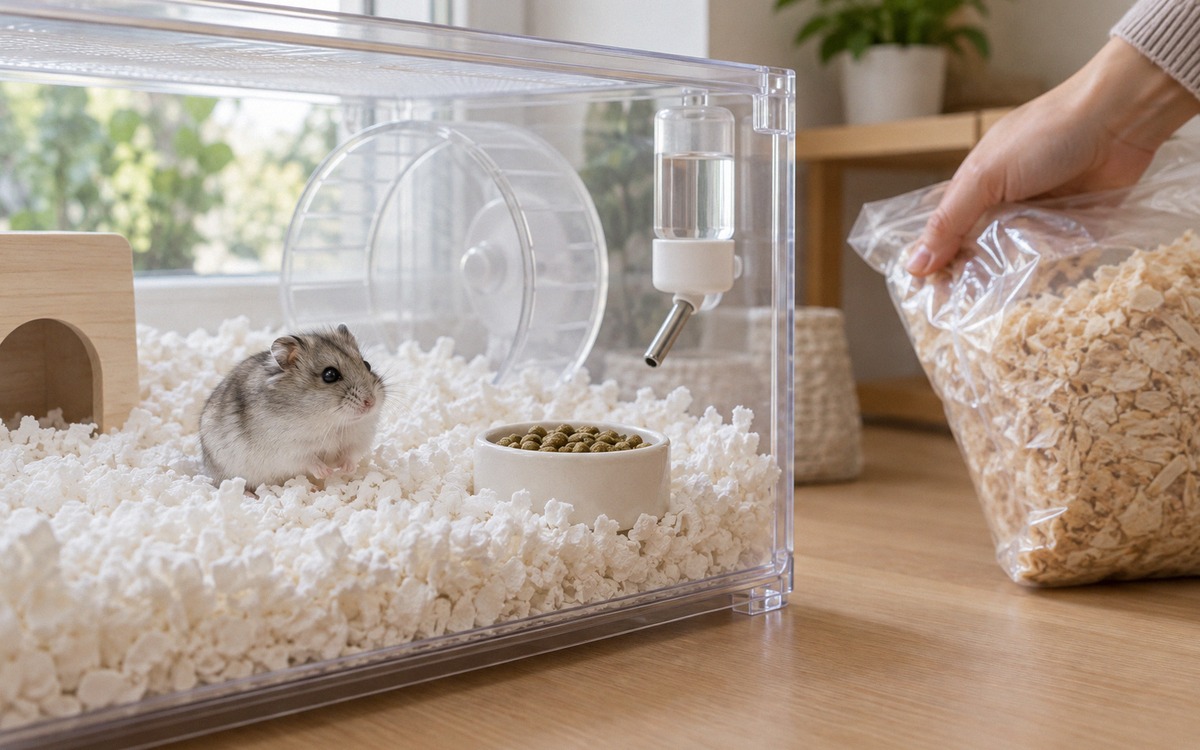 Natural photography of a dwarf hamster in a clean cage with plain white paper bedding, a small bowl 