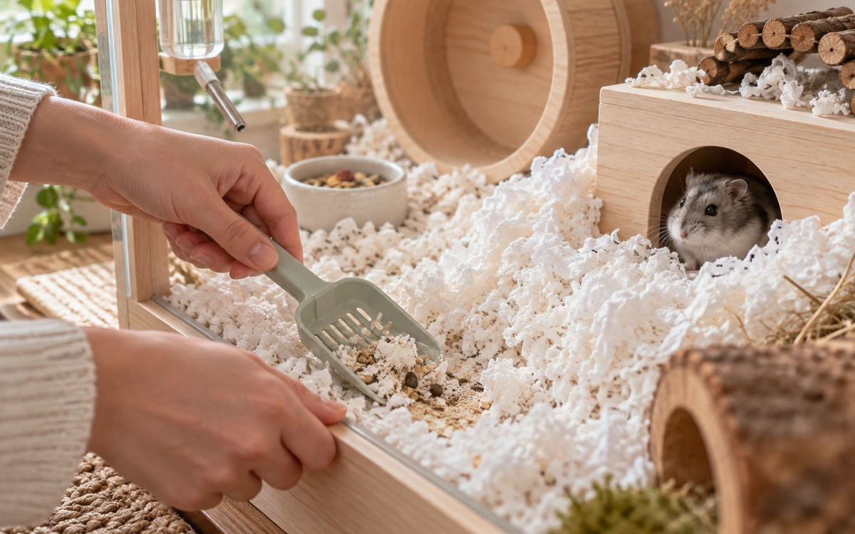 Pet owner carefully spot-cleaning a hamster enclosure with a small scoop, preserving a cozy hamster 
