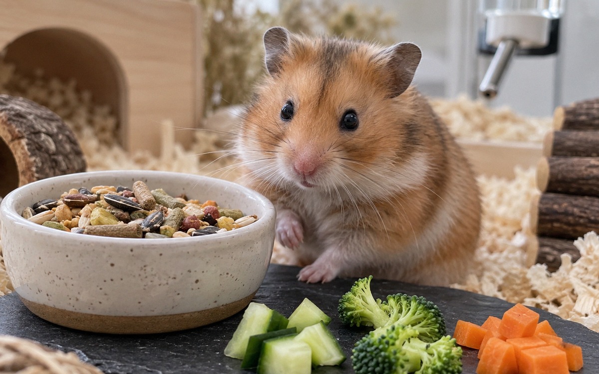 A Syrian hamster beside a small ceramic food bowl with a balanced hamster seed mix, separate tiny pi
