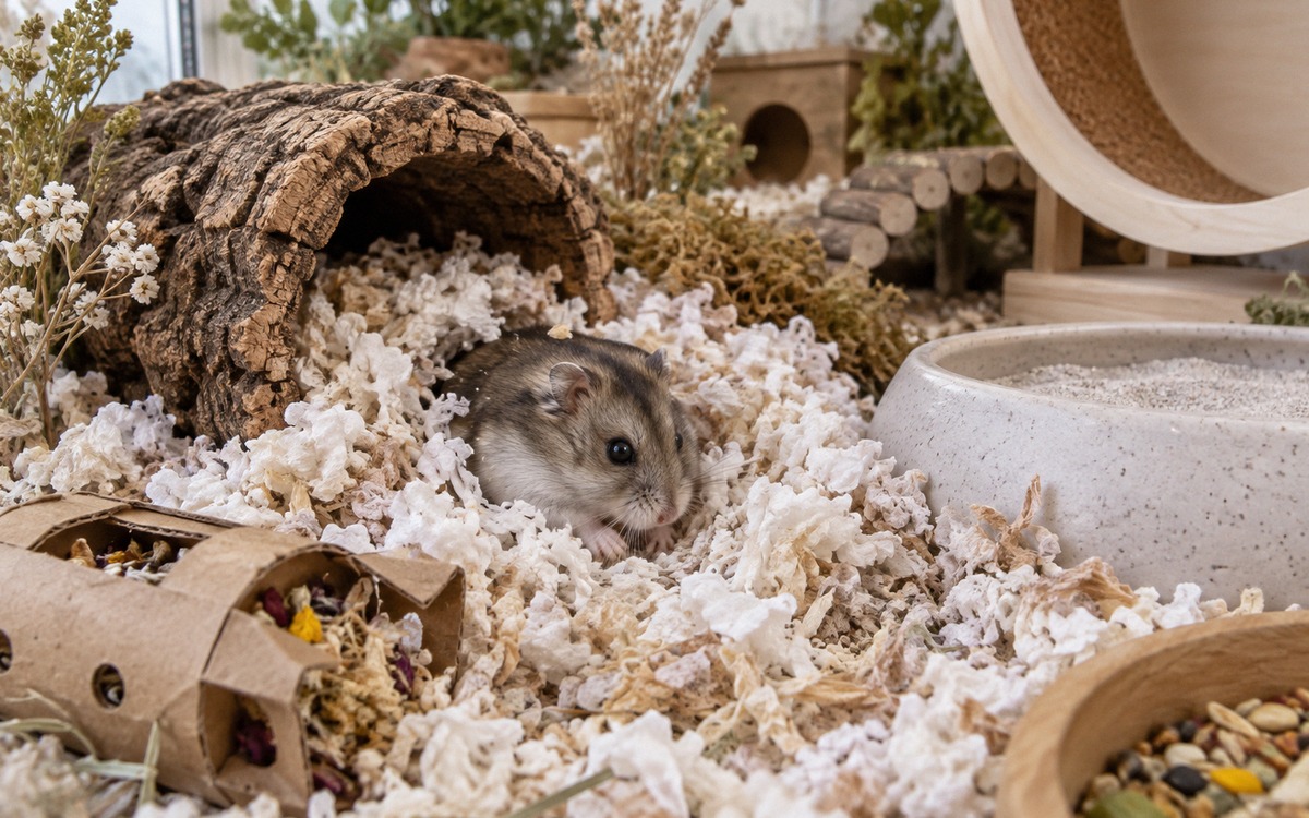 Dwarf hamster actively digging a tunnel in a deep layer of soft paper bedding inside a well enriched